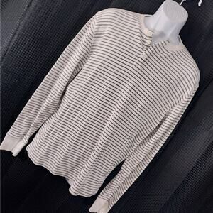 THE GAP! PREMIUM COTTON BLEND GRAY & WHITE STRIPED HENLEY KNIT SHIRT! SZ L